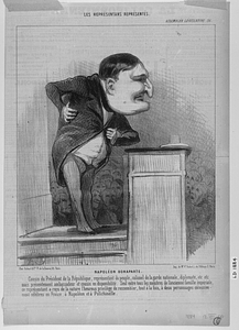 NAPOLÉON BONAPARTE. Cousin du Président de la République, représentant du peuple, colonel de la garde nationale, diplomate, etc. etc.. mais présentement ambassadeur et cousin en disponibilité. Seul entre tous les membres de l'ancienne famille impériale, ce représentant a reçu de la nature l'heureux privilège de ressembler, tout à la fois, à deux personnages excessivement célèbres en France, à Napoléon et à Polichinelle.