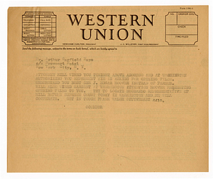 Telegram from Tom O'Connor to Arthur Garfield Hays, circa August 1927