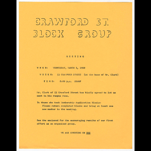 Flier for Crawford Street Block Group meeting held March 2, 1960