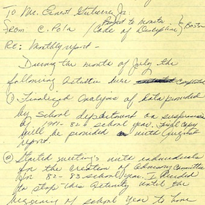 Handwritten draft of a memorandum from Carmen Pola to Ernest Gutierrez, Jr. about a monthly report