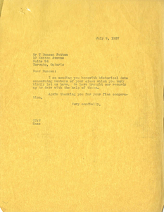 Class of 1892 historical data sent by George Draper to Thomas D. Patton (July 9, 1937)