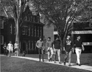 Students walking across campus, 1970