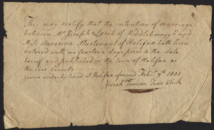 Marriage Intention of Joseph Leach of Middleborough, Massachusetts and Susanna Sturtevant, 1801