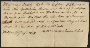 Marriage Intention of Cephas Waterman and Bathsheba Richmond, 1818