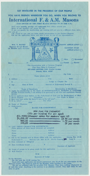 Unissued International F. & A.M. Masons application, about 1975