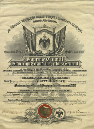 Honorary 33° certificate issued to Albert H. Kelsey