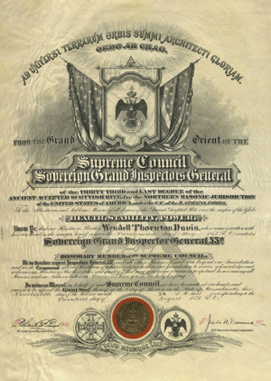 Honorary 33° certificate issued to Wendell Thornton Davis, 1875 August 20