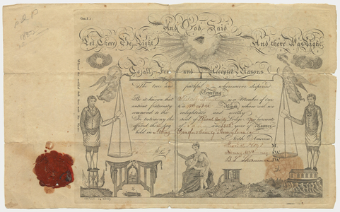 Master Mason certificate issued by Rural Amity Lodge, No. 70, to Sidney Hayden, 1832 January 15