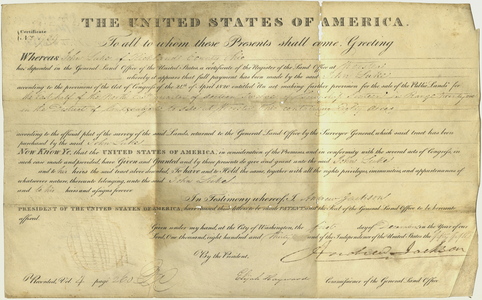 U.S. Land Office certificate issued to John Luke, 1830 December 1