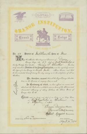 Membership certificate issued by Derry Loyal Orange Lodge, No. 97, to Henry J. Clouther, 1894 April 16
