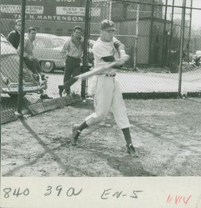 Suffolk University men's baseball batter swinging, 1961