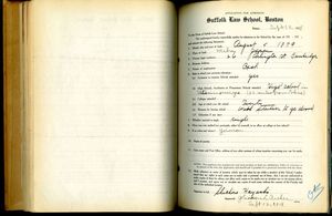 Shichiro Hayashi's application for admission to Suffolk Law School, 12 September 1918