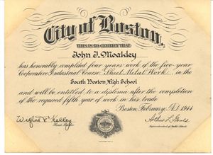 John Joseph Moakley's South Boston High School "Sheet Metal Certificate" course certificate, February 1944