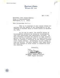 Letter from Assistant Attorney General J. Stanley Pottinger to John Joseph Moakley regarding FBI investigation into stabbing of Michael Faith at South Boston High, 26 March 1975