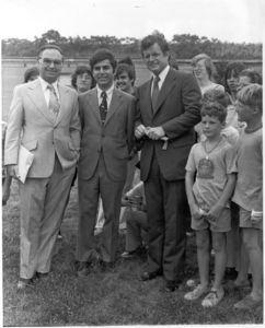 John Joseph Moakley, Michael Dukakis, and Edward M. (Edward Moore) Kennedy at an event, 1970s