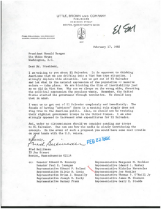 Letter to President Ronald Reagan from Boston resident Fred Belliveau urging him not to send United States troops to El Salvador, 17 February 1982