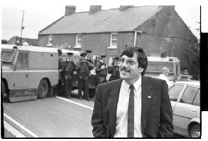 Andy Tyrie UDA Supreme Commander, in front of UDA roadblock, Castlewellan, Co. Down