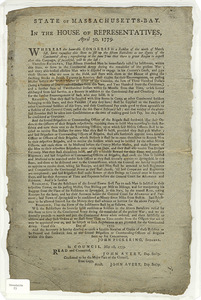 State of Massachusetts-Bay : In the House of Representatives, April 30, 1779. Whereas the honorable Congress by a Resolve of the ninth of March last, have requested this state to fill up the fifteen Battalions as our Quota of the Continental Army...