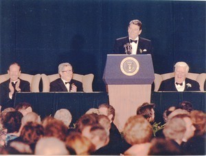 Monan, J. Donald at O'Neill Testimonial Dinner with Ronald Reagan, Garrett Fitzgerald, and Tip O'Neill