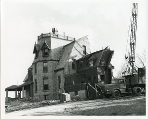 Saint Joseph's Hall exterior: demolition with crane