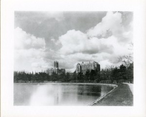 Gasson Hall and Saint Mary's Hall from reservoir, by Clifton Church