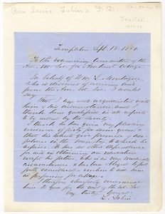 Lewis Sabin letter to the Examining Committee of the American Education Society, 1851 September 18