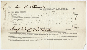 Edward Hitchcock receipt of payment to Amherst College, 1853 August 23