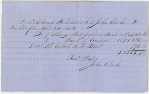 Edward Hitchcock receipt of payment to John Clarke, 1854 April 24