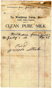 Joseph A. Steele's milk receipt