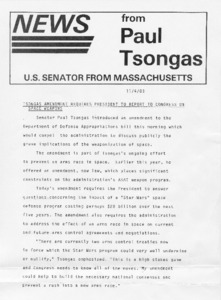 News from Paul Tsongas: Tsongas amendment requires President to report to Congress on Space Weapons