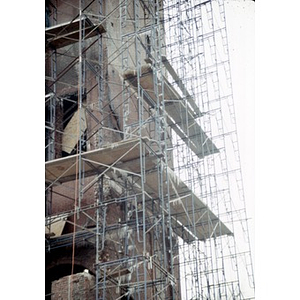Scaffolding surrounds the tower of the former Shawmut Congregational Church.