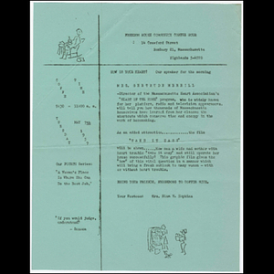 Flier advertising Freedom House Coffee Hour featuring Gertrude Merrill, Director of the Massachusetts Heart Association's Heart of the home program