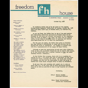 Letter from Muriel Snowden and Hazel Wilson-McCree with invitation to speak at Freedom House Coffee Hour