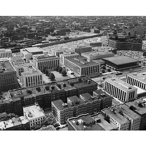 Aerial view of Northeastern's campus buildings