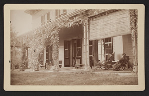 Exterior view of the Dixwell House with Eliza Dixwell and another woman sitting on the porch, Moss Hill, Jamaica Plain, undated