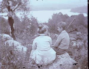 Woman and boy overlooking Manchaug Pond, Douglas, Mass.