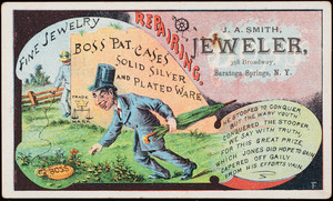 Trade card, Boss Patent Cases, J.A. Smith, jeweler, 358 Broadway, Saratoga Springs, New York