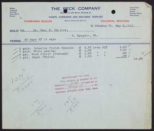 Billhead for The Peck Company, wholesale and retail dealers in paints, varnishes and builders' supplies, St. Johnsbury, Vermont, dated May 8, 1913
