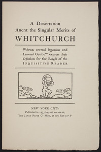 Dissertation anent the singular merits of Whitchurch, The Japan Paper Company Shop, 109 East 31st Street, New York, New York, 1933