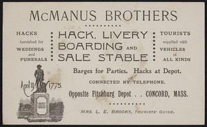 Trade card for McManus Brothers, hack, livery, boarding and sale stable, opposite Fitchburg Depot, Concord, Mass., undated