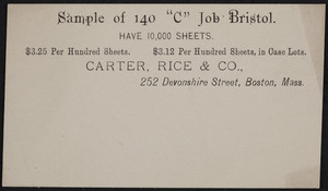 Sample card for 140 C Job Bristol, Carter, Rice & Co., 252 Devonshire Street, Boston, Mass., undated