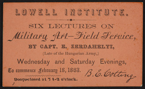 Ticket for six lectures on military art-field service, Captain E. Zerdahelyi, Lowell Institute, Boston, Mass., 1863