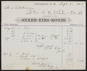 Billhead for the Starr King House, White Mountains, Jefferson, New Hampshire, dated September 5, 1882