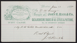 Billhead for John E. Rice & Co., manufacturers of gas & kerosene shades of all styles & patterns, No. 65 Sudbury Street, Boston, Mass., dated June 13, 1868