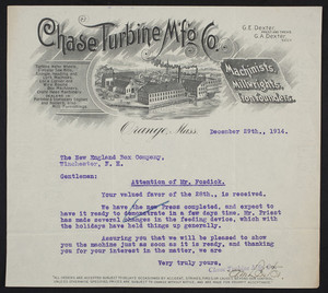 Letterhead for the Chase Turbine Mfg. Co., machinists, millwrights, iron founders, Orange, Mass., dated December 29, 1914