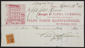 Billhead for Nath'l Cummings, William Bourne, piano forte manufacturer, 484 Washington Street, Boston, Mass., dated April 28, 1869