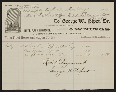 Billhead for George W. Piper, Dr., awnings, 33 Bicknell Street, Marlboro, Mass., August 1, 1905