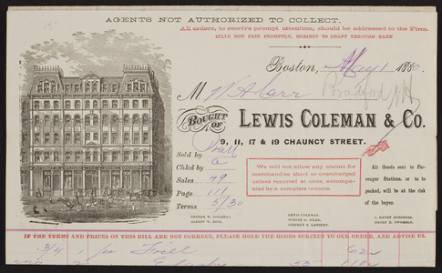Billhead for Lewis Coleman & Co., clothing, 9, 11, 17 & 19 Chauncy Street, Boston, Mass., dated May 1, 1880
