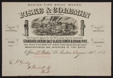 Letterhead for Fiske & Coleman, Boston Fire Brick Works, 62 Congress Street, Boston, Mass., dated August 23, 1882