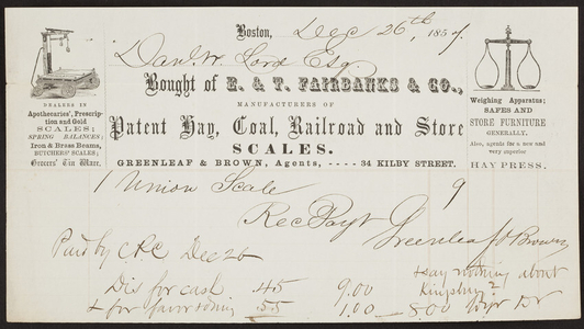 Billhead for E. & T. Fairbanks & Co., scales, 34 Kilby Street, Boston, Mass., dated December 26, 1857
